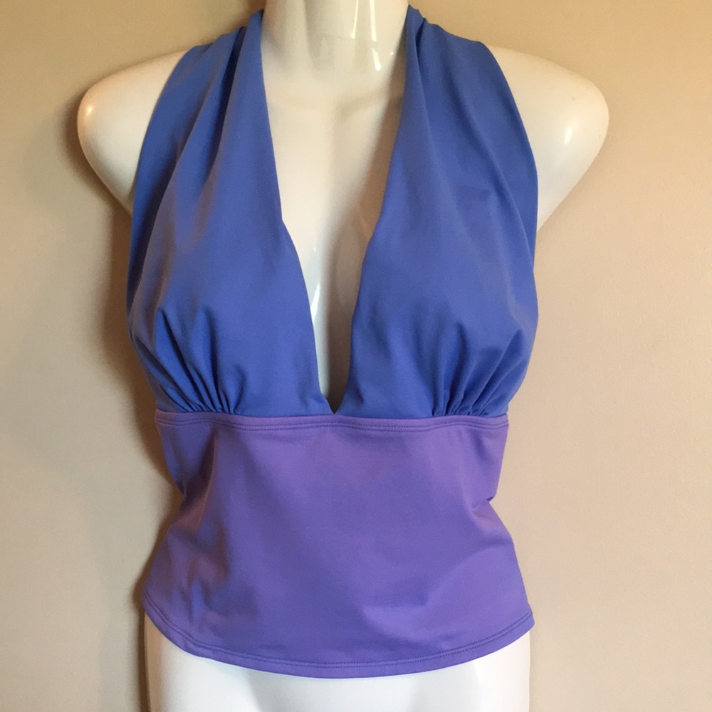 Glamorous color-blocked swimsuit halter top by Lauren Ralph Lauren.